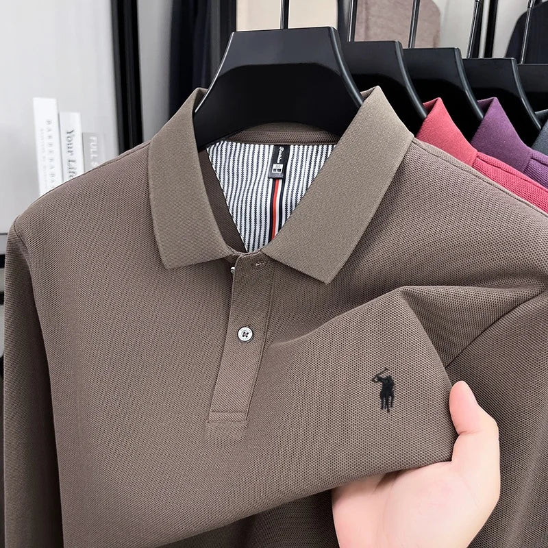 100% Pure Cotton Men's High-Quality Long Sleeve Polo Shirt Autumn New Fashion Brand Design Embroidered T-shirt Sports Casual Top
