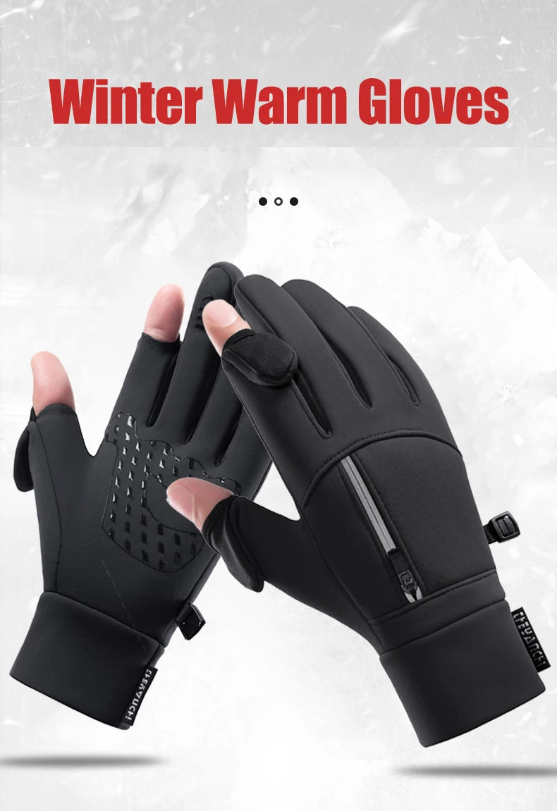 Winter Warm Gloves Flip Over Expose Two Fingers Gloves Windproof Touch Screen Gloves Cycling Ski Fishing Gloves