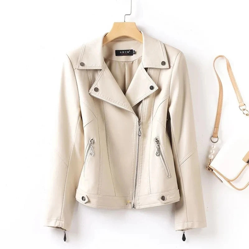 SpringAutumn 2025 New Sheep Leather Jacket Female Rivet Locomotive Slim Corium Leather Jacket Suit Collar Zipper Short Outwear