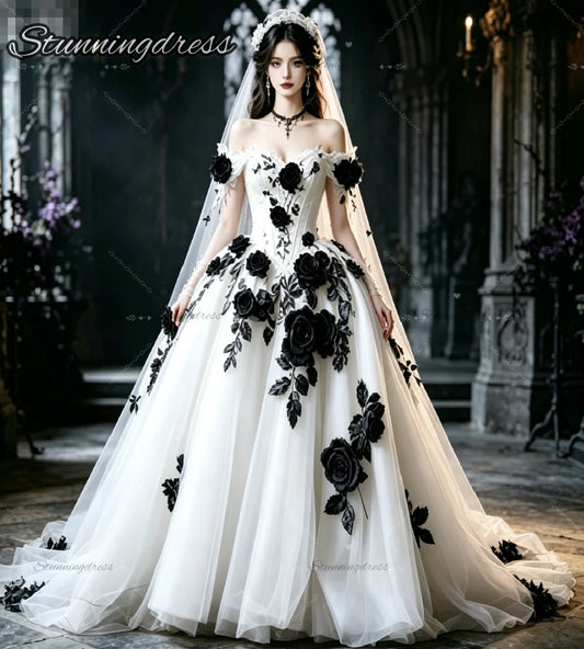Gothic White Wedding Dress Wth Black 3D Rose Florals Off Shoulder Corset Tulle Ball Gown Princess Bride Dresses Victorian Witchy