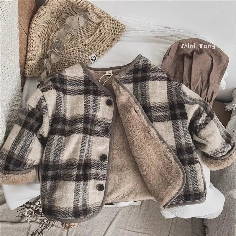 Winter Plush Kids Jackets Kids Outdoor Thicken Warm Coats Woolen Fashion Plaid Children's Velvet Jacket Boys Girls Cotton Jacket