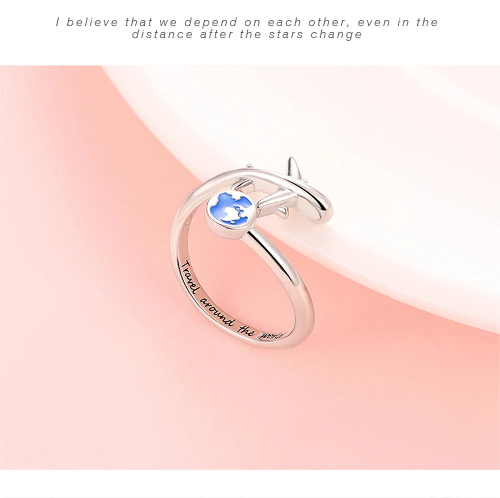 925-Sterling-Silver Adjustable Open Airplane Rings Engraved "Travel Around the Word"Engagement Ring Gifts for Women Teen Girls