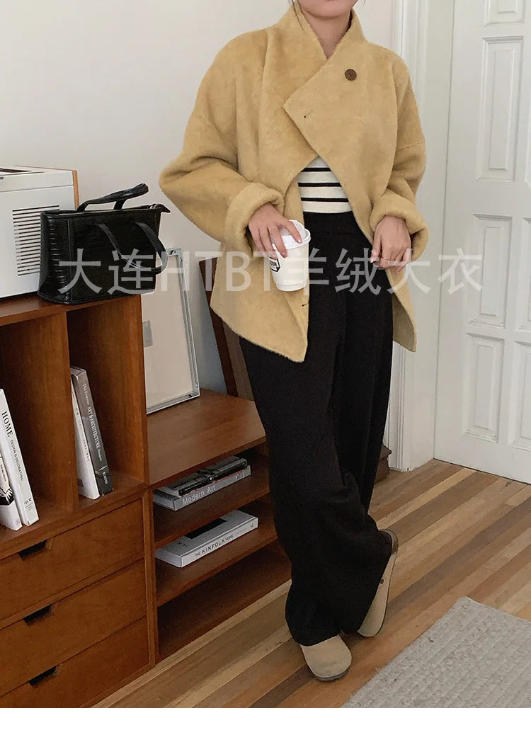 New Winter Short Woolen Coat Fashion Causal Warm Mulberry Silk Lapel Double-sided Wool Coat Loose Suit Jacket Female Tide Autumn