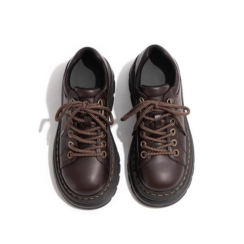 Womens Derby Shoes Autumn British Style Female Footwear Loafers With Fur Round Toe Clogs Platform Casual Sneaker Leather