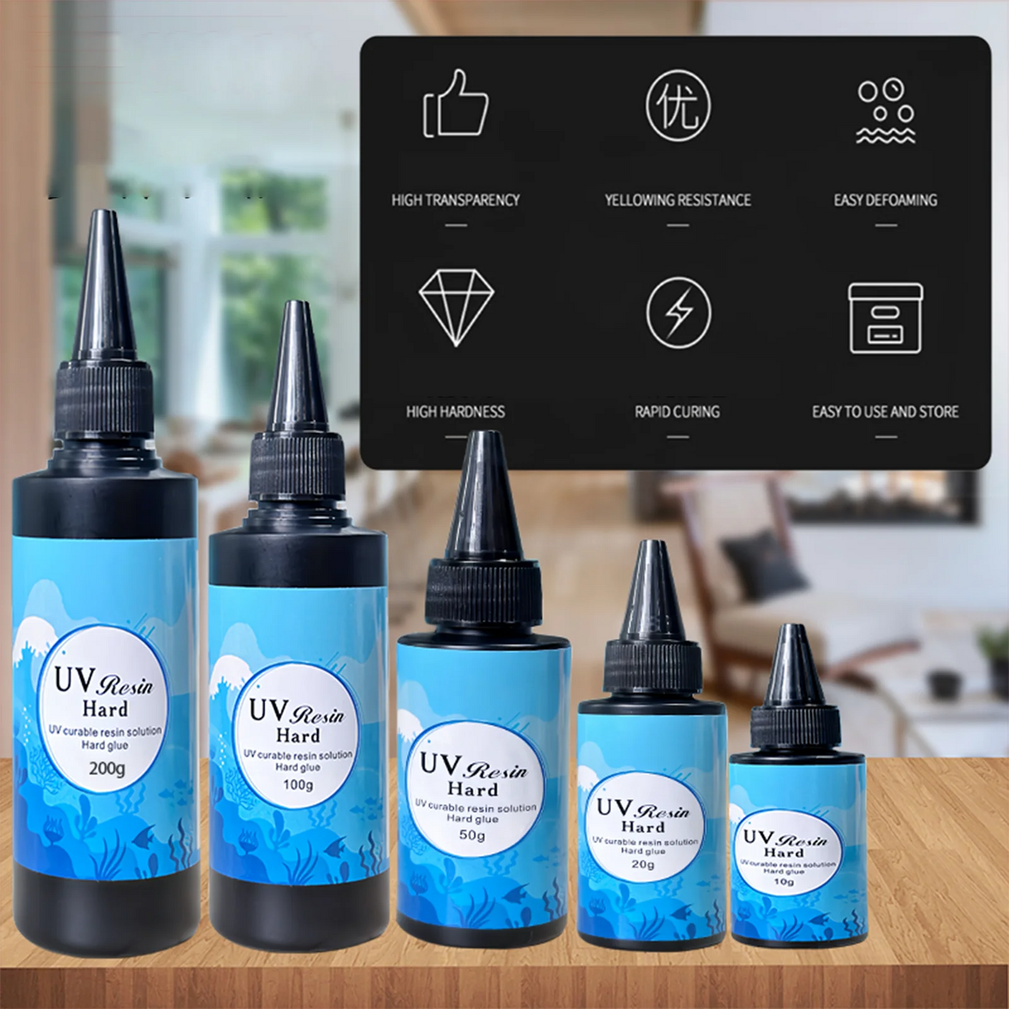 UV Resin Glue 10g/20g/50g/100g/200g Epoxy Resin and UV Lamp High Transparency Fast Drying and High Hardness for DIY Jewelry