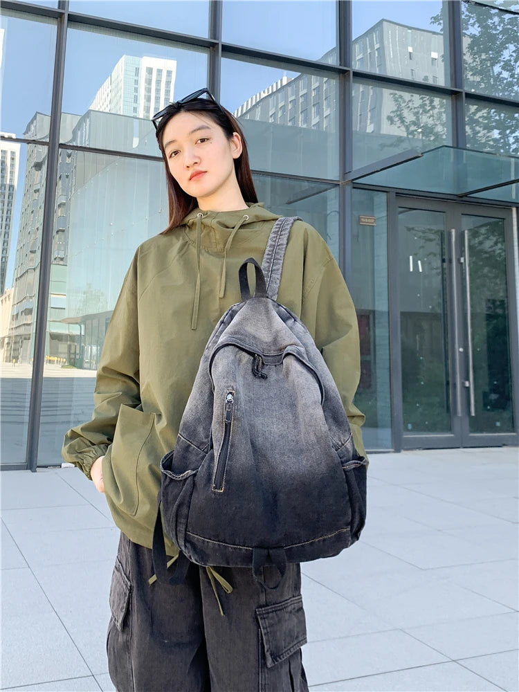 Men's and Women's Backpacks, Student School Bags, Large-Capacity Washed Denim Bags