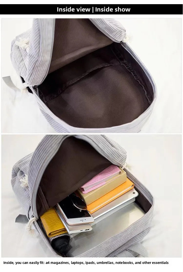 Corduroy Backpack, Academy Fashion School Bags for Middle/High School & College, Cute Tassel Detail, Versatile Casual Daily Bag