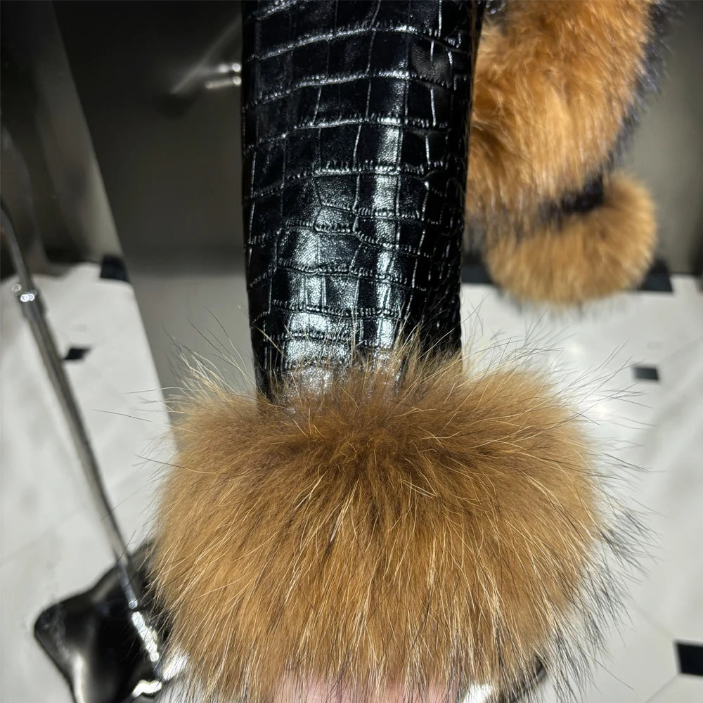 Natural Raccoon Fur Collar Real Leather Jacket Women 2025 Autumn Black Crocodile Textured Leather Jacket Ladies Streetwear