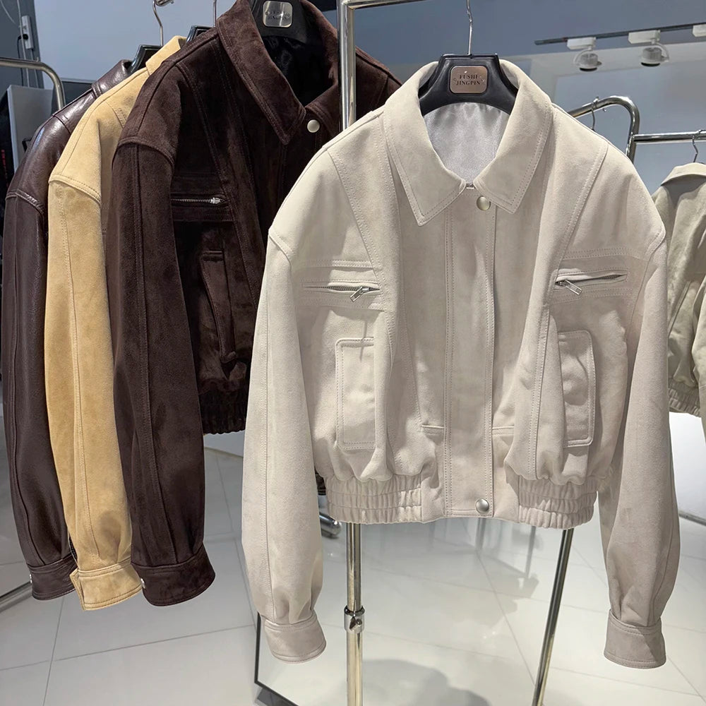 YOLOAgain 2025 Autumn Oversized Suede Jacket Women Real Leather Bomber Jacket Female