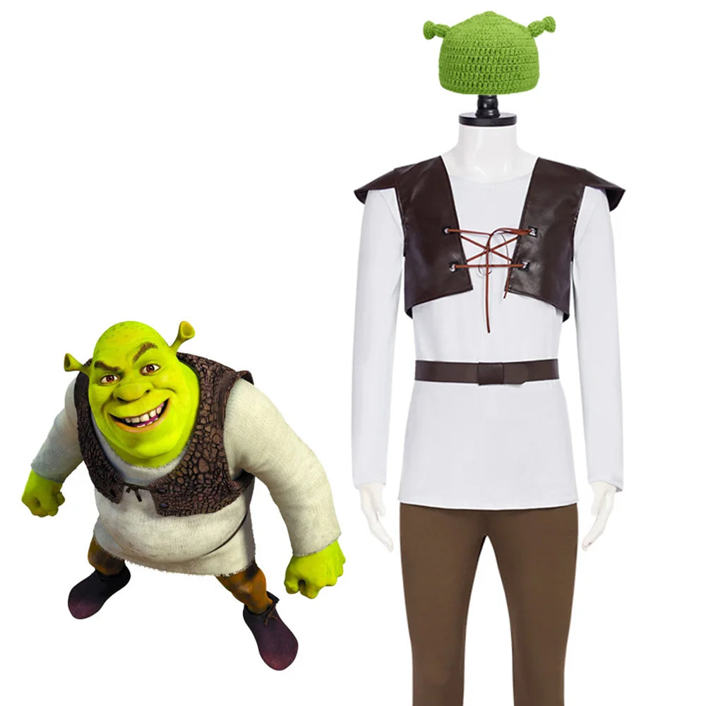 Shrek Cosplay Costumes Green Hat Shrek Top Leather Vest Pants for Men Performance Role Play Halloween Carnival Party Outfits