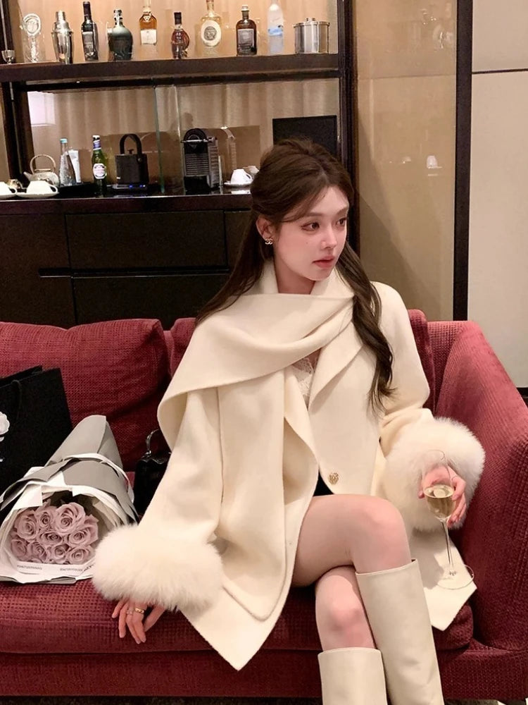 Elegant Wool Coat Warm Women Double Faced Luxury Real Fox Fur Sleeves 100 Wool Scarf Autumn Winter 2025 New Fashion Trench Coat