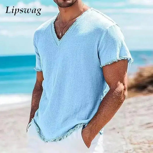 Seaside Beach Casual Men's Linen T Shirts Summer Fashion Solid Color Breathable T-shirt Mens Outdoor Vintage V Neck Ripped Tops