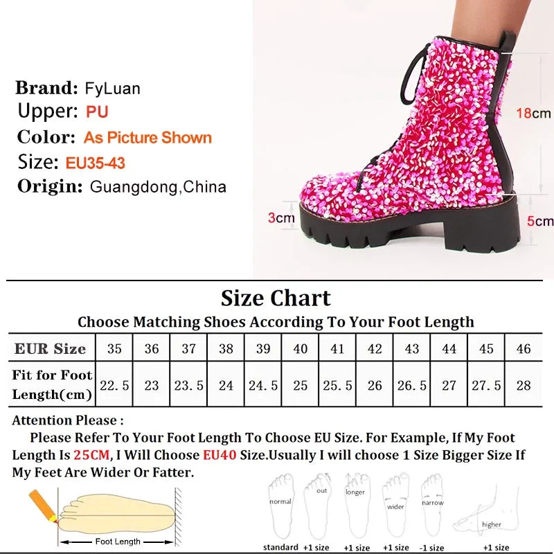 2025 New Fashion Women Shoes Front Lace Up Sequin Short Boots Coarse Heel Stage Show Ankle Boots Ladies Party Casual Short Boots