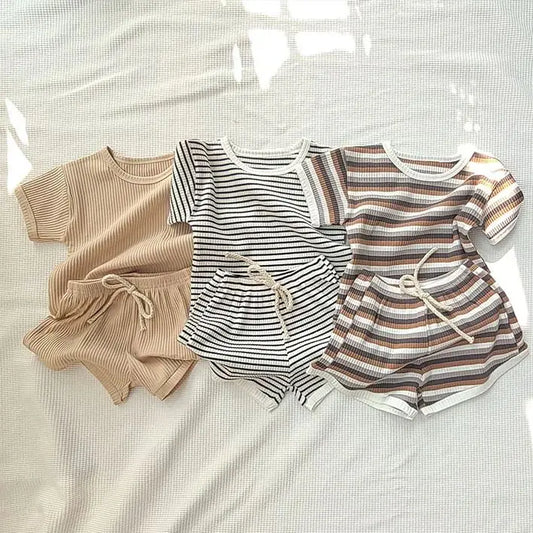 Comfortable Baby Clothes Set  Boys Simplicity Stripe Round Neck T-shirt +  Striped Shorts  breathable casual girl short sleeved