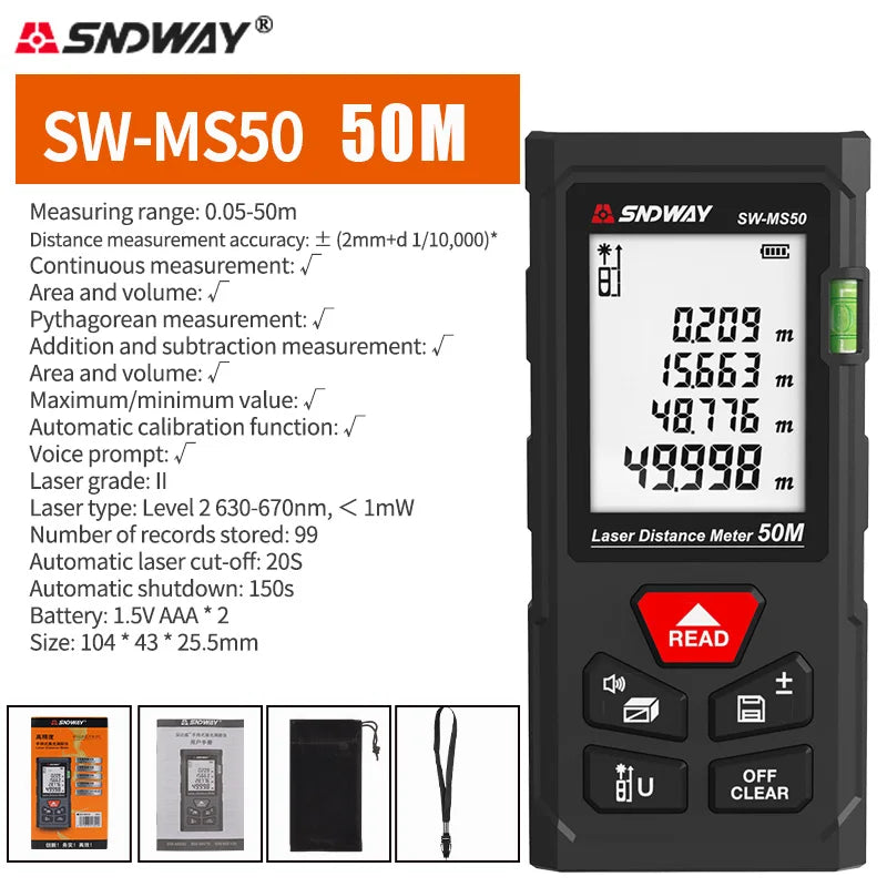 SNDWAY Laser Distance Meter 50m 70m 100m 120m Rangefinder Digital Range Finder Trena Roulette Ruler Distance Measuring Tape
