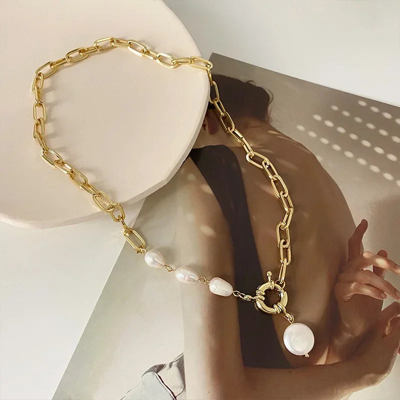 Trendy Elegant Baroque Pearl necklace for Women Charm Stainless Steel Beaded Chain Pendants Wedding Bridal Jewelry Party Gift
