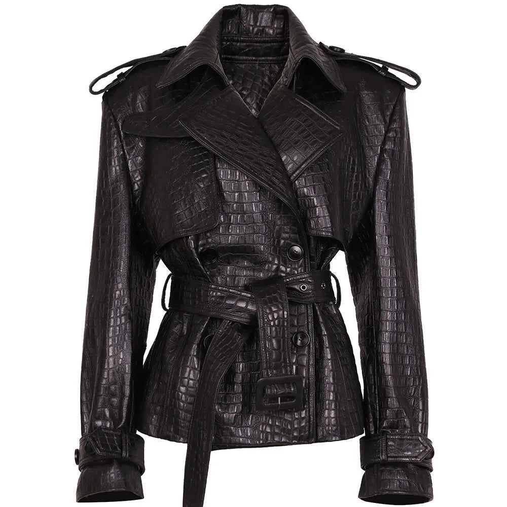 YOLOAgain Double Breasted Croc Pattern Leather Jacket Women 2023 Autumn New Genuine Leather Jacket Ladies