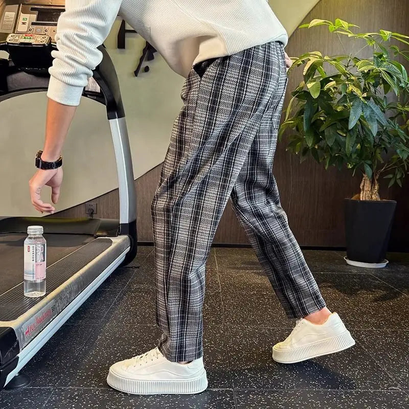 Men's Premium Stylish Color-Block Checked Straight-Leg Pants Plaid Casual Fashion Trousers Autumn Winter Pockets Male Clothes