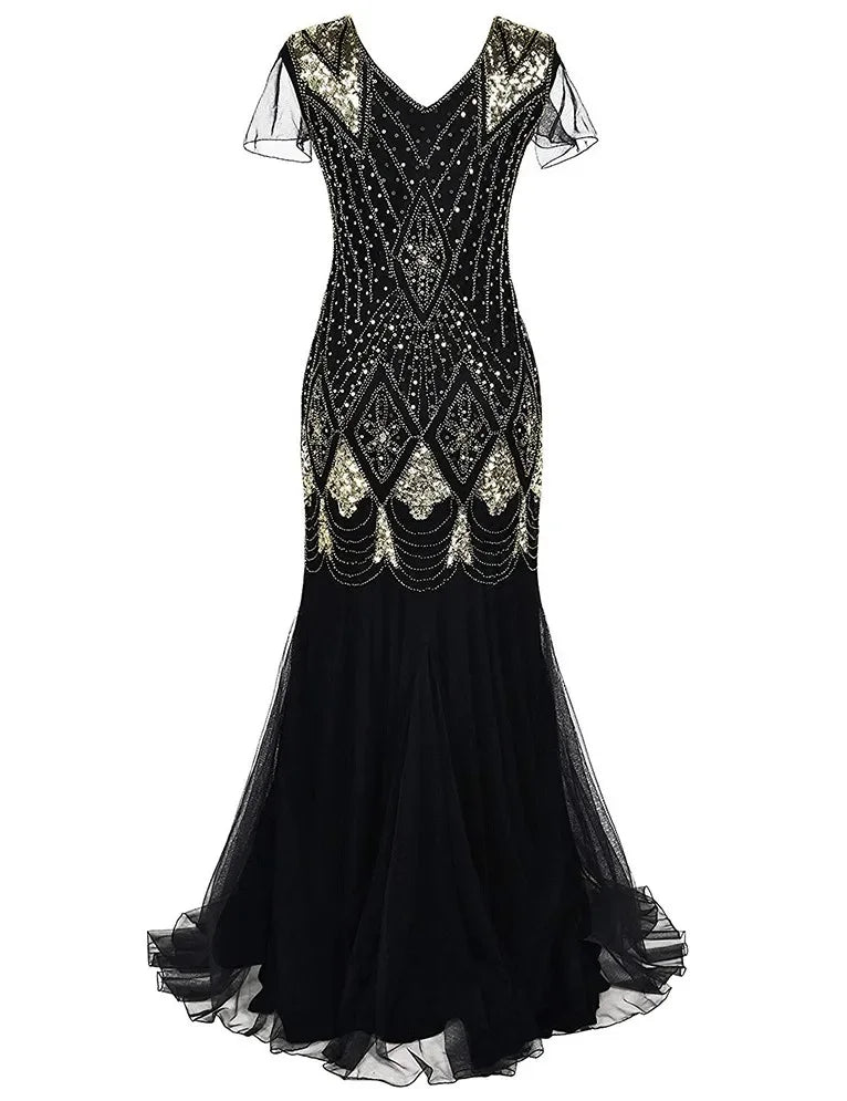 Women's Fashion 1920s Flapper Dress Vintage Great Gatsby Long Evening Prom Sequin Party Dress Women Mesh Costume