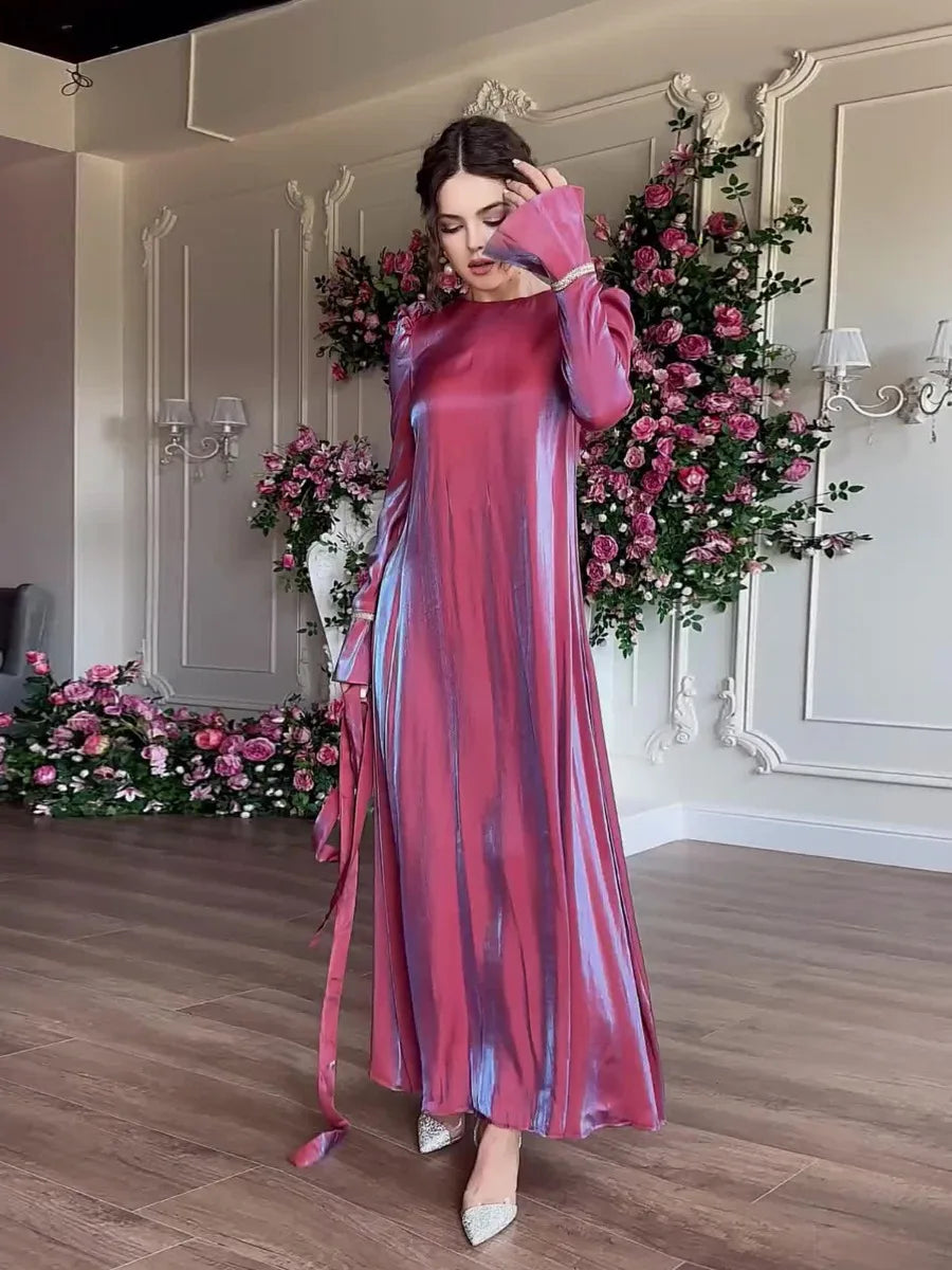 Eid Muslim Silky Satin Dress for Women Abaya Morocco Party Dresses Ramadan Lace-up Kaftan Saudi Islam Elegant Vestidos Long Robe