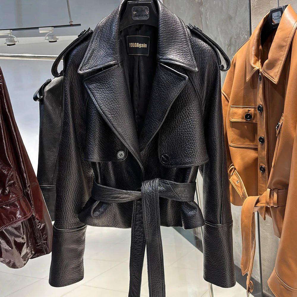 YOLOAgain Real Leather Jacket Women Burgundy Grain Leather Jacket With Belt