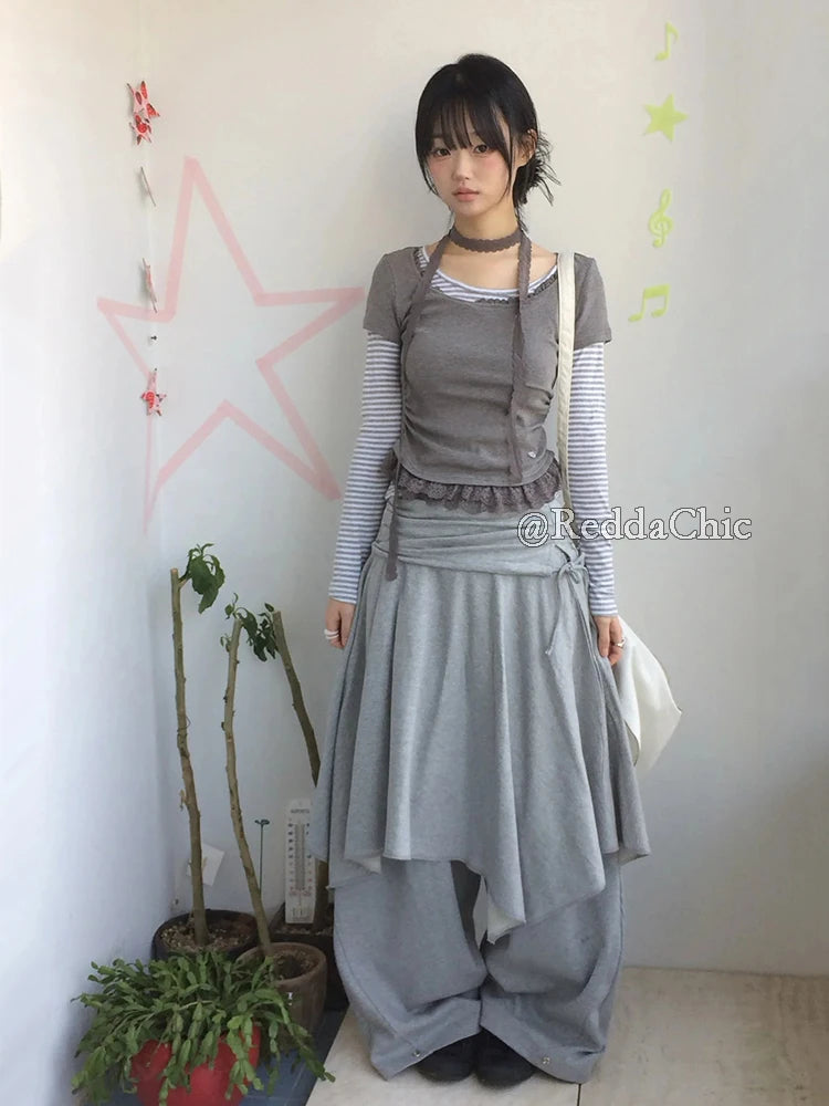 REDDACHiC Lounge Wrap Sweat Pants Gray Trendy Elastic Waist Ruffle Skirt Overlay Wide Leg Trousers New In Korean Woman Clothing
