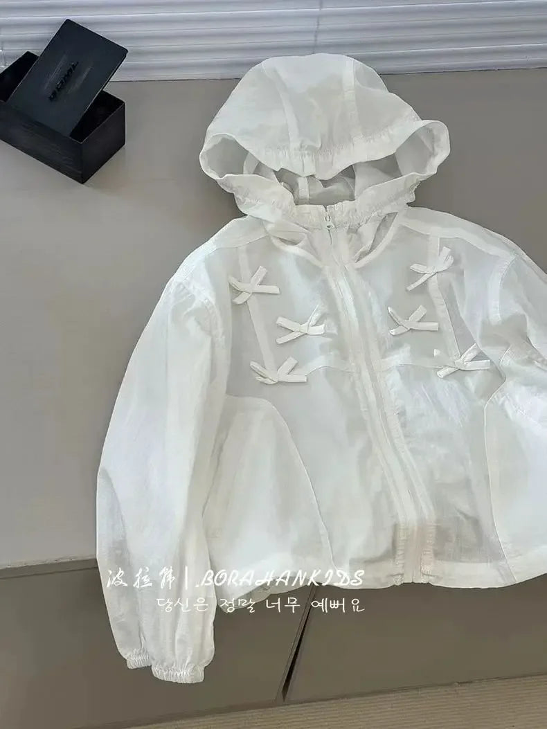 New Thin Bow Jacket for Junior Girls Spring Summer 2025 Children's Loose Sunscreen Clothing Teen Girl Outerwear Hooded White Top