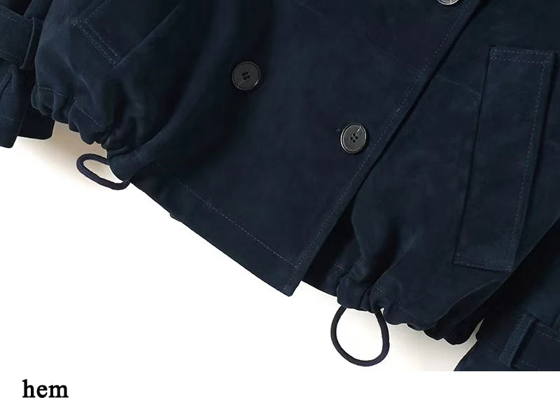 Kid Suede Leather Jacket for Women Branded New 2025 Old Money Double Breasted Short  Jacket Femme Big Lapel Epaulet Trench Coat