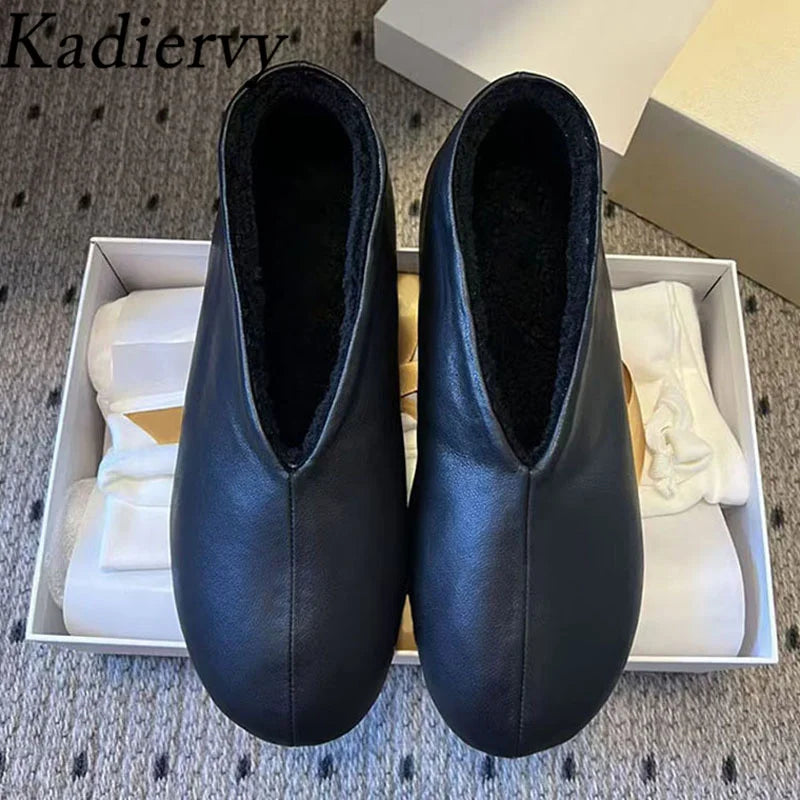 Winter Shoes Woman Genuine Leather Round Toe Slip-on Loafers Woman Casual Comfy Walk Shoes Wool Warm Flat Short Boots Women