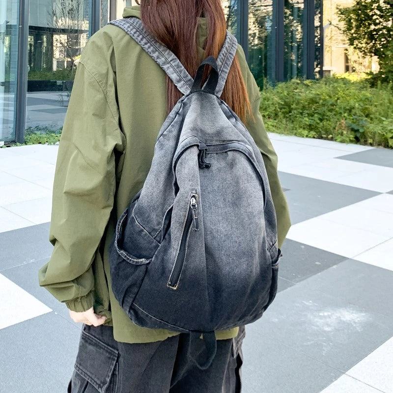 Men's and Women's Backpacks, Student School Bags, Large-Capacity Washed Denim Bags