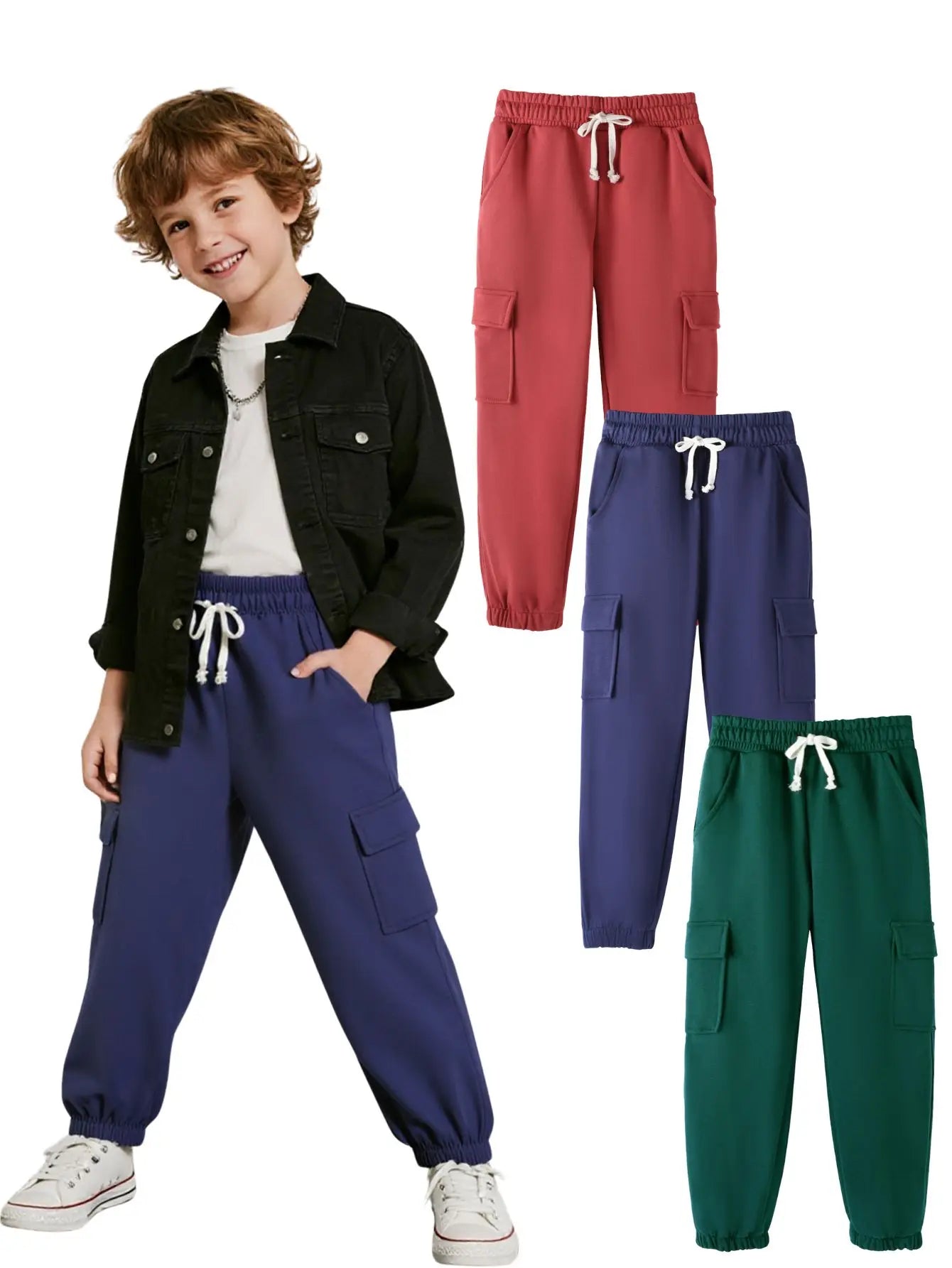 Three piece set of boys' pants with red, green, blue drawstring, large pocket, outdoor casual workwear, sanitary pants