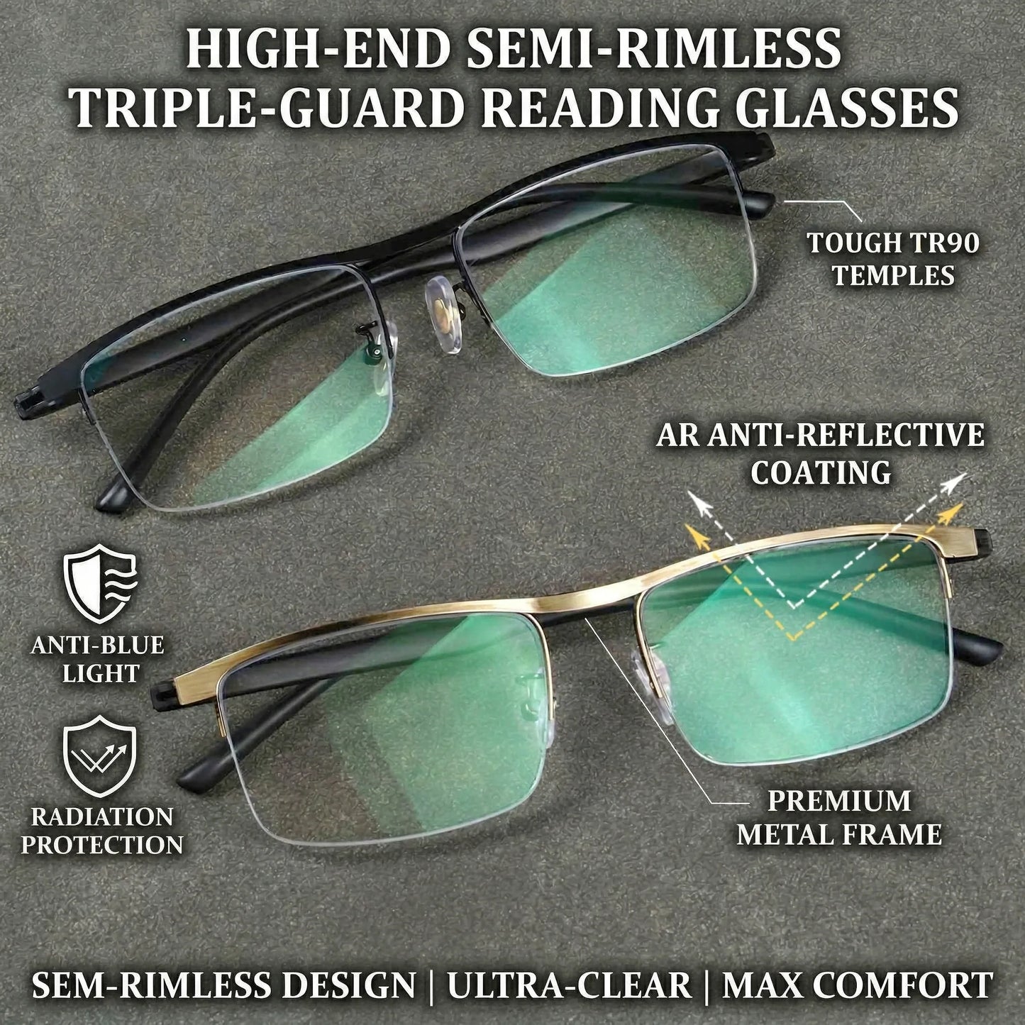 Men Classic Semi-Rimless Reading Glasses With Green Coating High-Definition Lens Comfortable Fit Suitable Home Office Use Gift