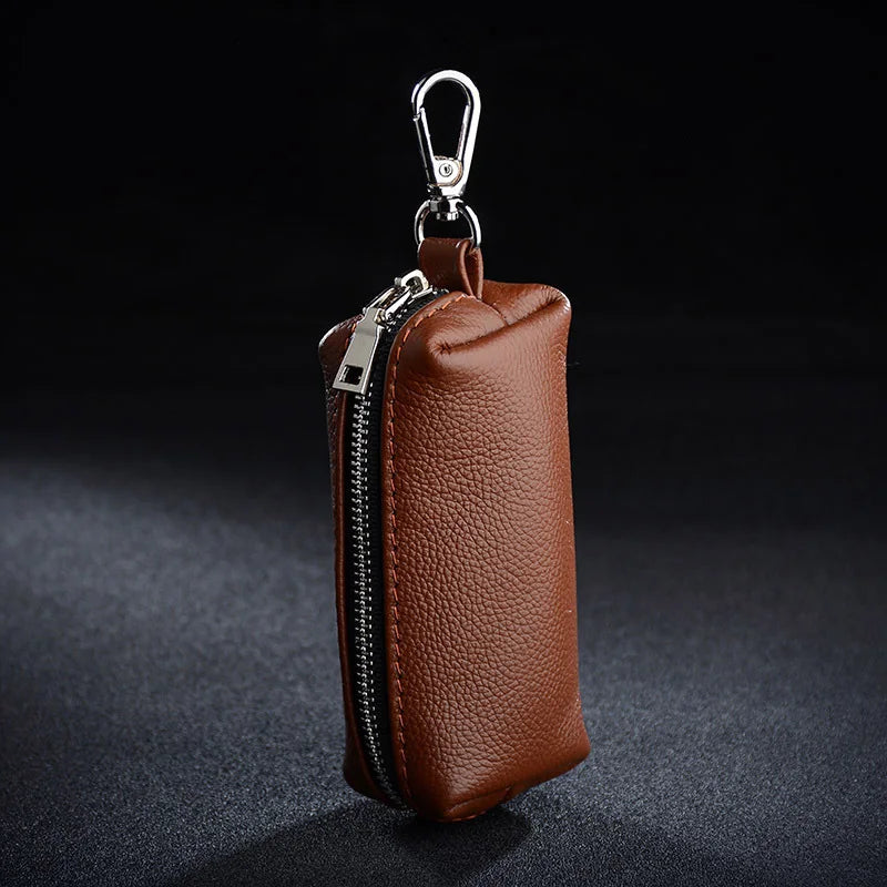 Genuine Leather Key Holder - Unisex Car/House Key Organizer Pouch with Long Keychain, Cow Split Leather Wallet Case