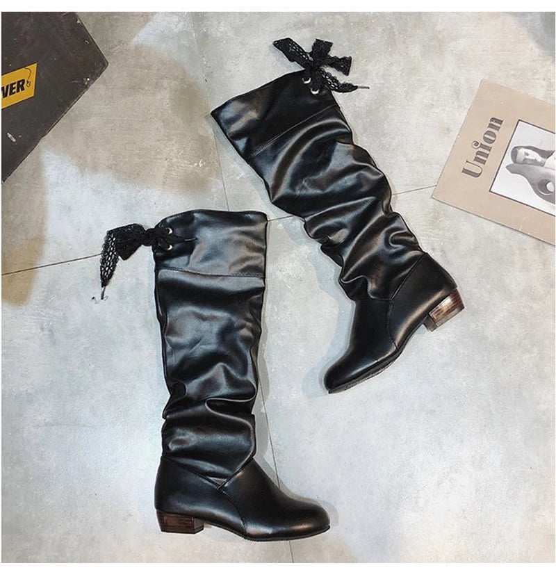 Shoes For Women  Knee High Boots Red Black White Tall Boots Woman Pleated Low Heel Casual Leather Female Long Shoes 2024