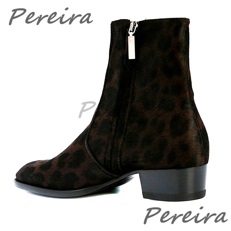 Leopard Horse Hair Chelsea Boots for Men Retro Genuine Leather Zipper Med Heel Ankle Boots Autumn Winter Trend High Top Shoes