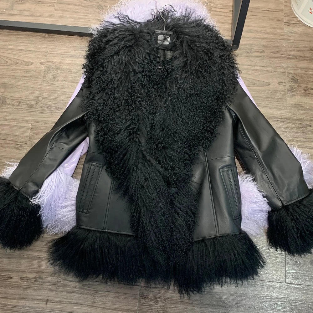 Sheep Collar Coats Women Winter Luxury Mongolian Fur Leather Jackets with Long Sleeve 7251