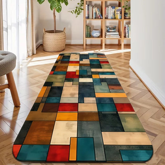 Block-patterned design with elegant, stylish accents; a modern, high-end carpet suitable for various settings; soft