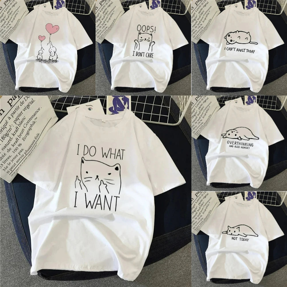 Women T Shirt Cartoon Cat Group Printed T-Shirt Casual Short Sleeve Couples T-Shirt Funny Cat Streetwear Large-sized T-shirt