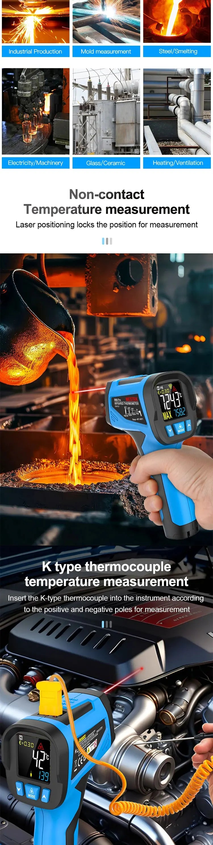 Infrared Thermometer 600~800°C Kitchen Digital Laser Temperature Meter Non-contact Pyrometer Food BBQ Heat meter Thermal imager