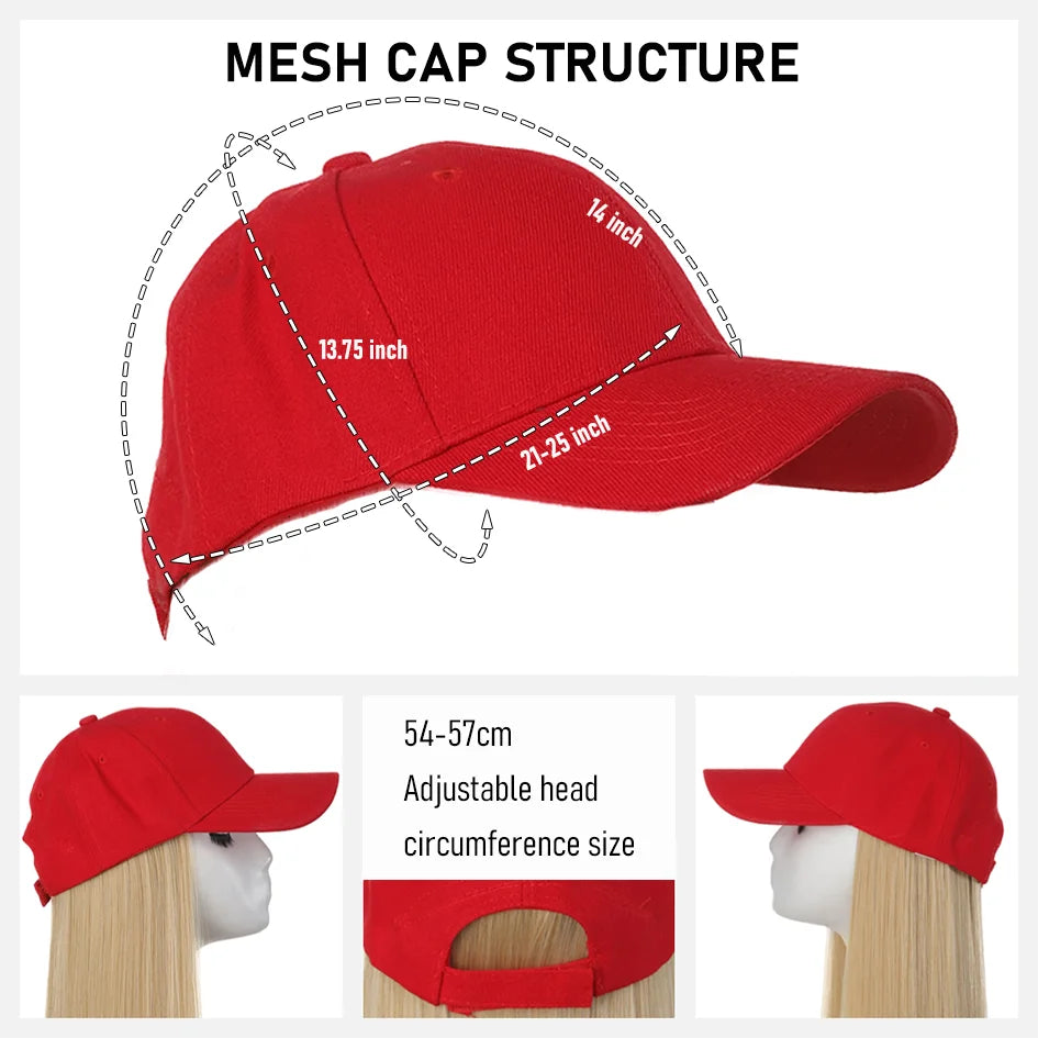 Hat Wigs-synthetic 22inch red baseball cap straight hair wig ducktail long straight hair wig hat extensions wigs christmas hat