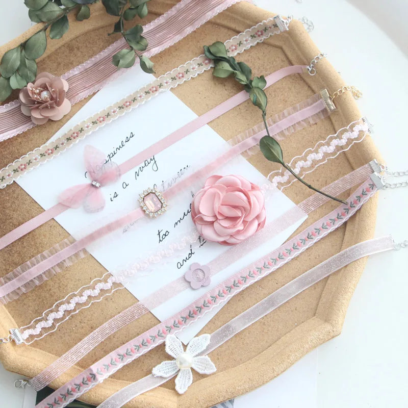 5 Pieces Sweet Pink Lace Choker Necklace Set for Women with Flower Pearl Dangle Clavicle Jewelry Accessories Gift for Girls