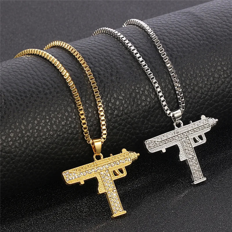 Gold Plated Uzi Gun Pendant Necklace for Men Full Crystal Bling Submachine Chain Hip Hop Accessory Male Jewelry