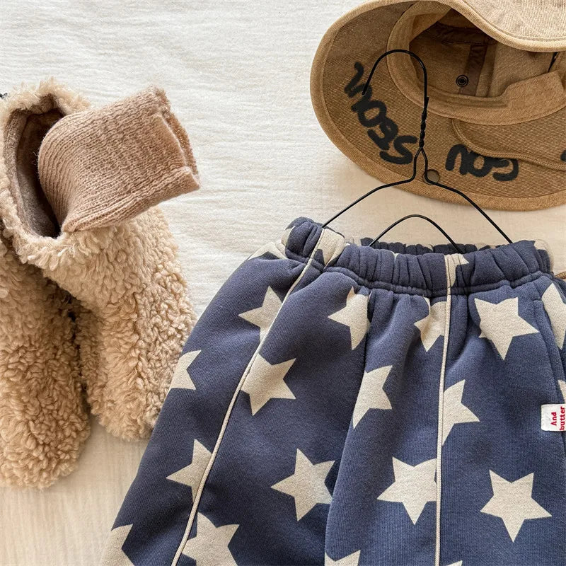2025 Winter New Children Plus Velvet Thick Casual Pants Fashion Print Boys Fleece Sweat Pants Girls Warm Trousers Kids Clothes