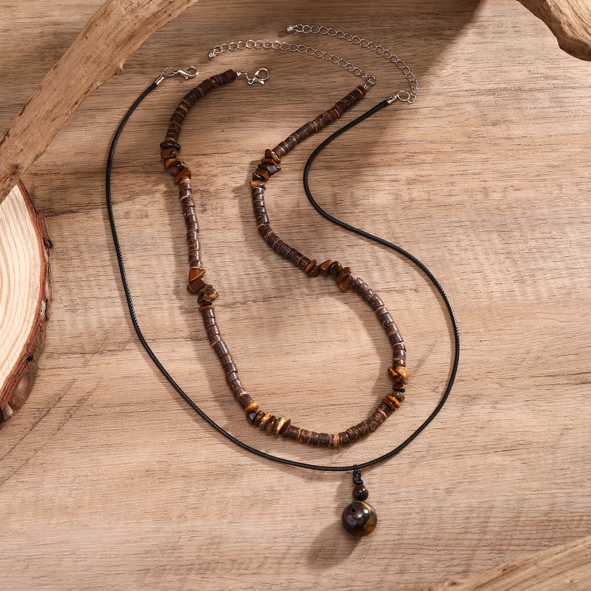 2Pcs/Set Bohemian Round Natural Stone Pendant Necklace for Men Vintage Ethnic Wood Bead Chokers Male Fashion Jewelry Accessories