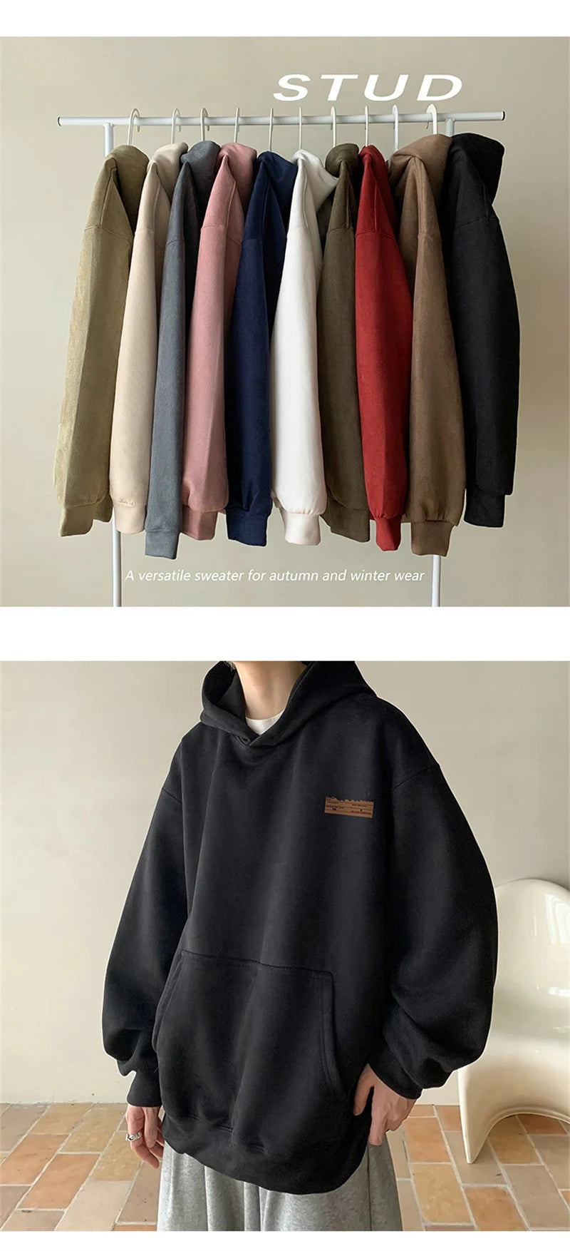 2026 New Suede Hooded Sweatshirts For Men Autumn Y2K Streetwear Printed Hoodies Hip Hop Fashion Retro Fleece Hoody Clothes