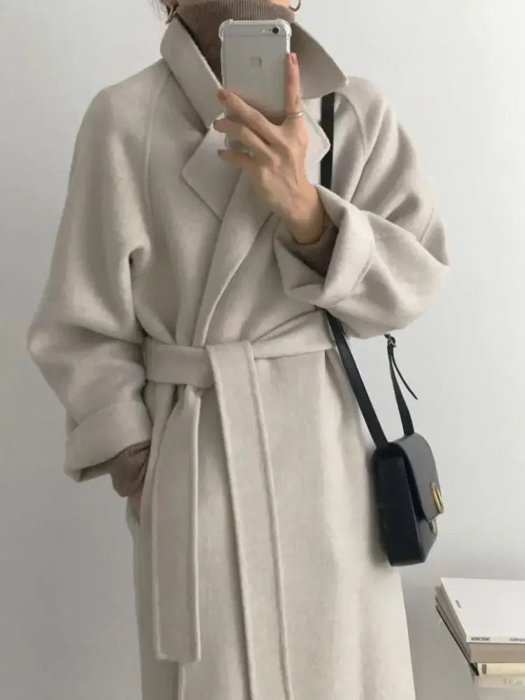 Ele Woolen Coat Women's 2025 Autumn Winter Mid Length Adjustable Waist Thick Casual Long Sve Fashion Wool Coats