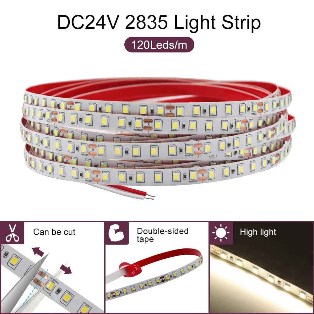 5M 10M LED Light Strips 12V 24V SMD 2835 120 240LEDs/m Home Lamp Strip Flexible LED Ribbon Tape Soft Lamp Bar 3000K 4000K 6000K
