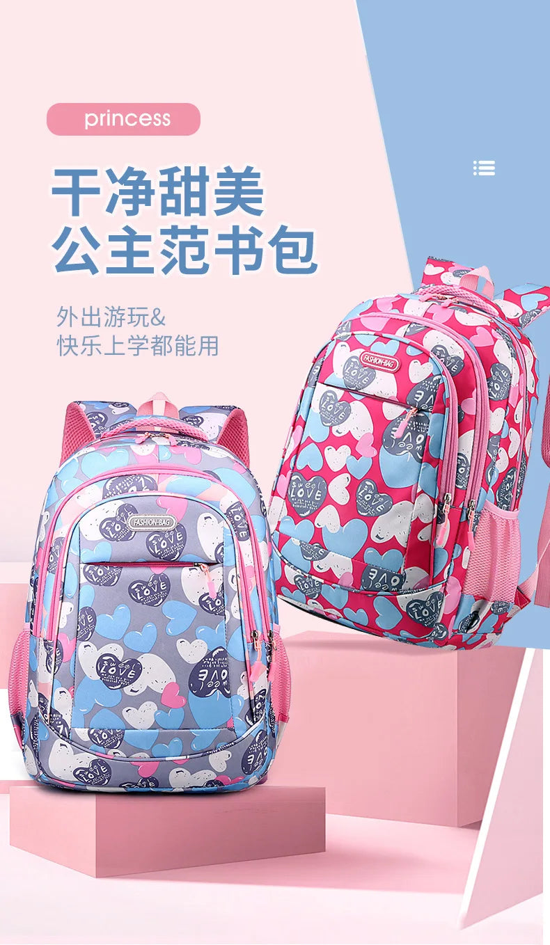 Student Boys And Girls School Bags Love Heart Printed Student Shoulder School Bags 1-6 Grade Light Weight Double  Shoulder Bags