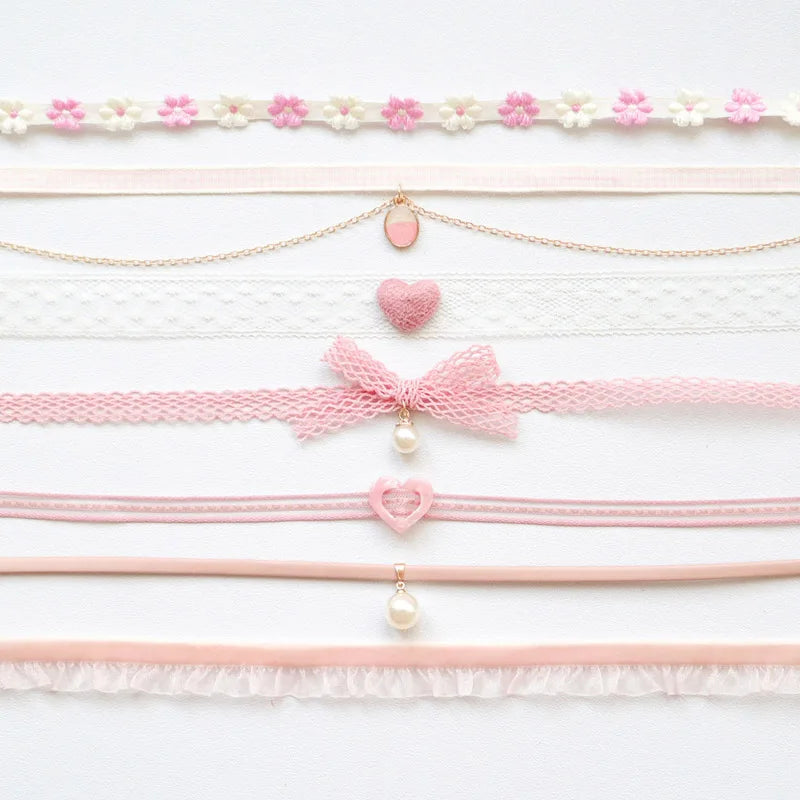 5 Pieces Sweet Pink Lace Choker Necklace Set for Women with Flower Pearl Dangle Clavicle Jewelry Accessories Gift for Girls