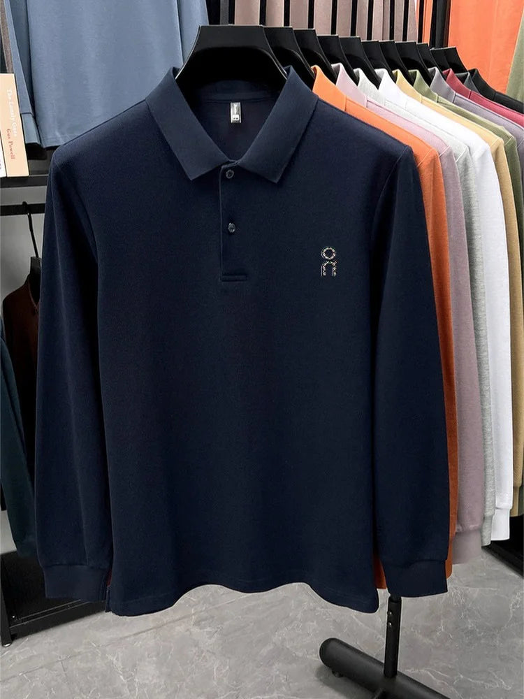 100% pure cotton polo shirt long sleeved men's brand fashionable embossed T-shirt sports breathable spring autumn casual new top